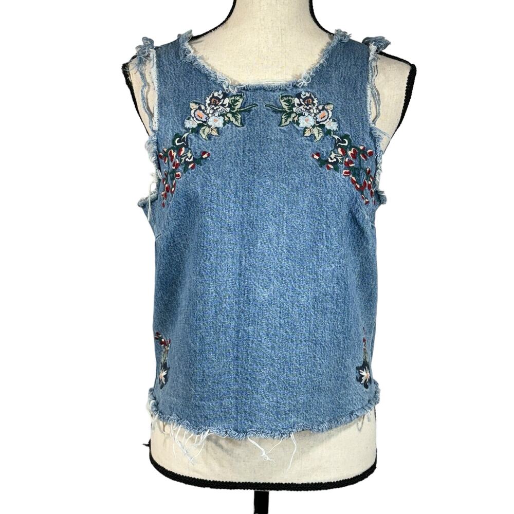 Tulurosa Medium Scarlett Denim Tank Top Embroidery Sleeveless Fray Nairobi Blue